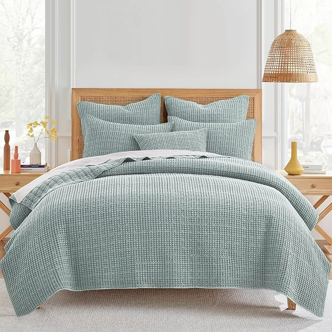 Reliable Levtex Home Mills Waffle Full Queen Quilt Set 88x92in with 2 Pillow Shams 26x20in - Spa - Cotton Waffle Full Queen Size Quilt Bedding Set - Lightweight Soft Pre-Washed Convenient