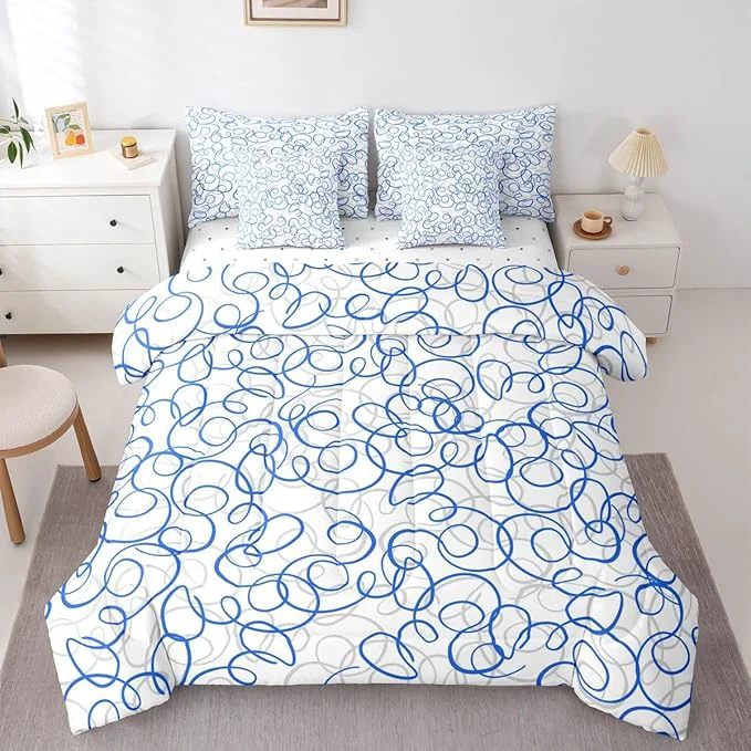 Practical Erosebridal Blue White Geometric 7 Piece Comforter Set Queen Abstract Line Modern Art Bedding Set for Kids Teens Boys Chic Swirls Bed in A Bag Texture Artwork Sheet Set Bedroom Decor Smart
