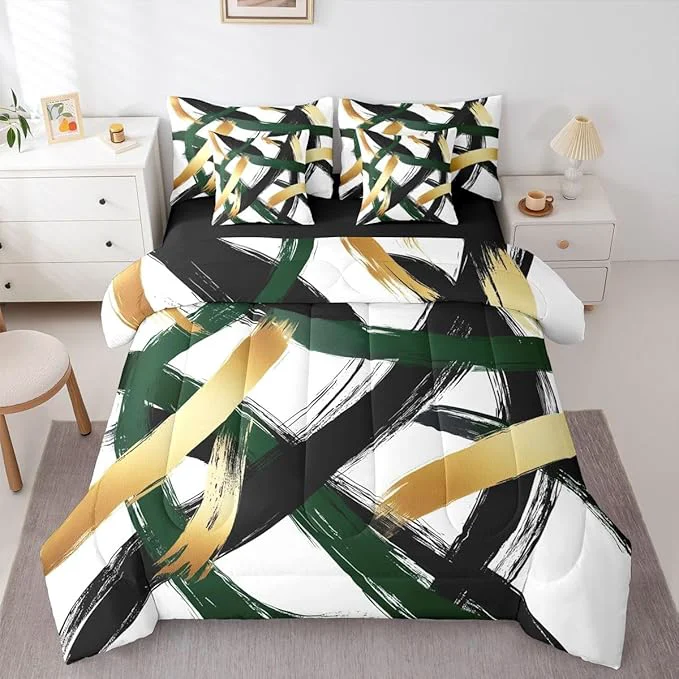 High-Grade Erosebridal Black Green Gold Abstract 7 Piece Comforter Set King Modern Minimalist Line Geometric Bedding Set Minimalist Simple Sketch Art Bed in A Bag Cool Unique Contemporary Sheet Set