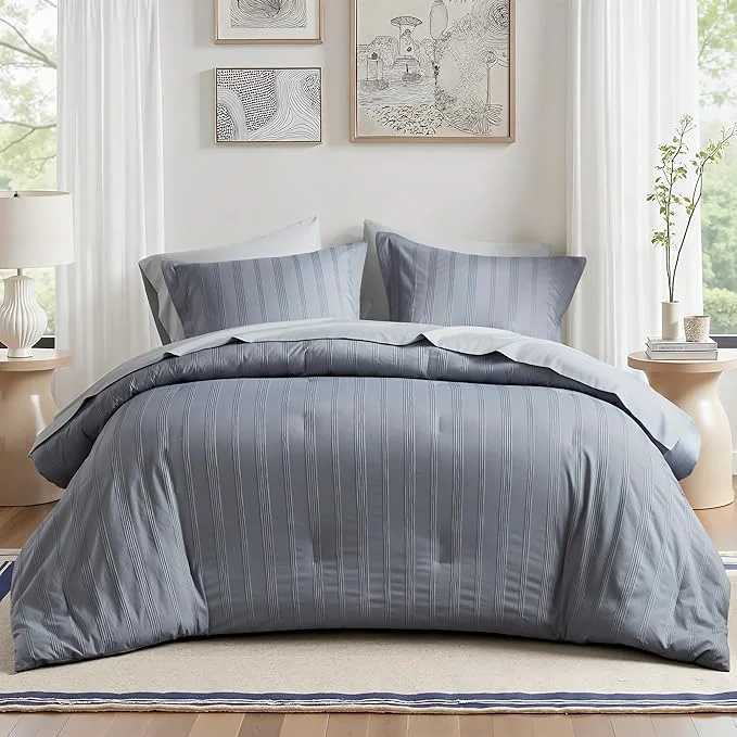 Practical Madison Park Essentials Striped Comforter Set Queen 7 Pieces Modern Minimalist Jacquard Bedding Set for All Season Bed in A Bag with Sheet Set and Soft Brushed Reverse Lightweight Blue Grey Relaxed