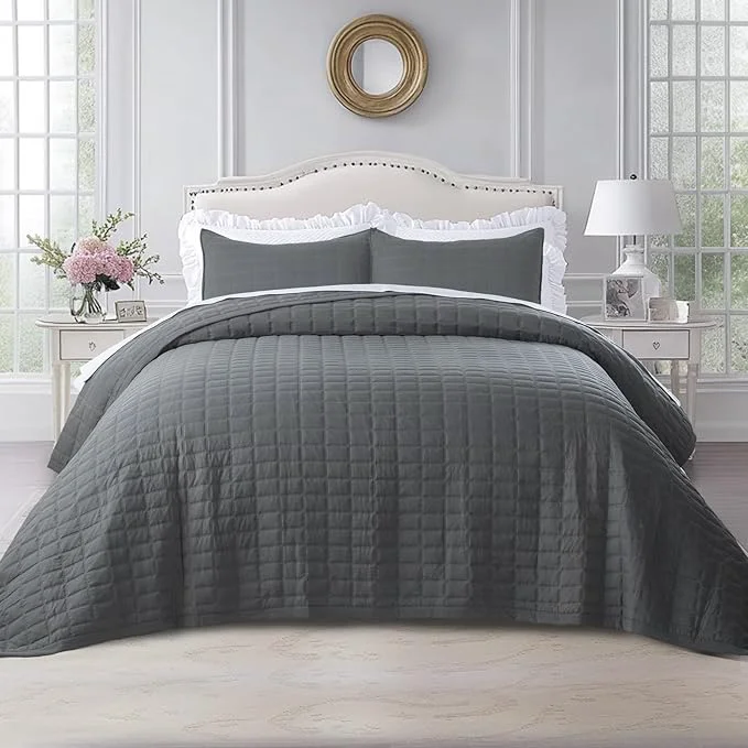 Genuine Oversized King Quilt Set 112 quot x106 quot – Soft Washed 3-Layer Lightweight California King Bedspread Minimalist Nordic Design All-Season Spring amp Summer Quilt Set 1 Quilt 2 Pillow Shams Dark Grey Comfortable