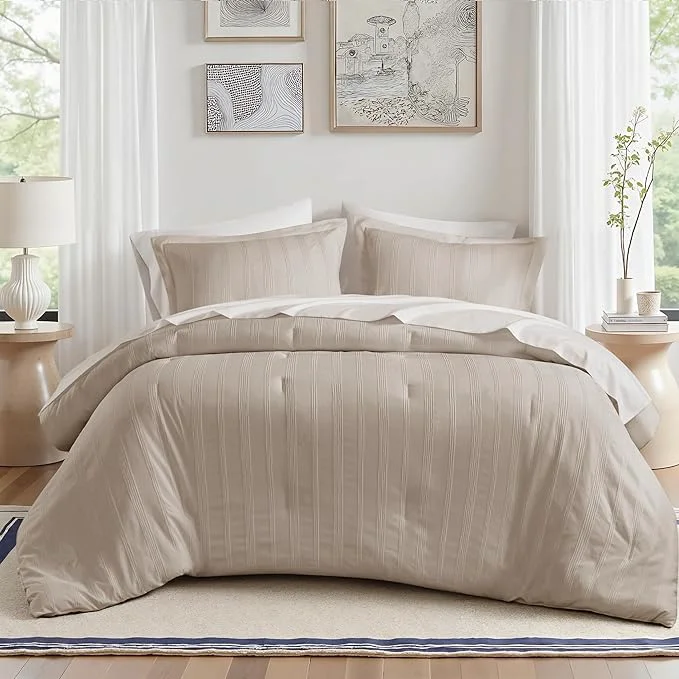 Enhanced Madison Park Essentials Striped Comforter Set Cal King 7 Pieces Modern Minimalist Jacquard Bedding Set for All Season Bed in A Bag with Sheet Set and Soft Brushed Reverse Lightweight Neutral Specialty