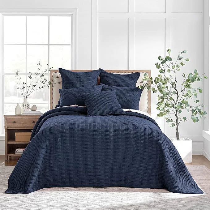 High-End Levtex Home Mills Waffle Twin Bedspread Set 84x104in with 1 Pillow Sham 26x20in - Navy - Cotton Twin Size Bedspread Set - Lightweight Soft Pre-Washed Fine Crafted