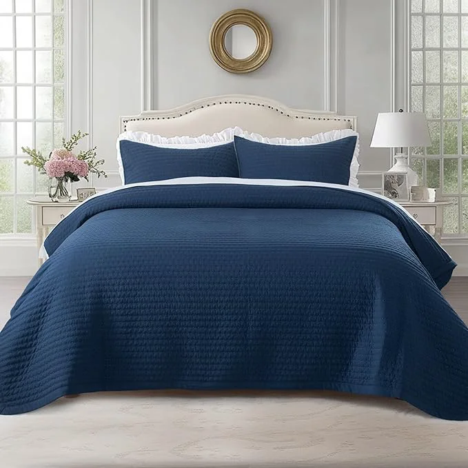 Outstanding KASENTEX Queen XL Quilt Set 98 quot x98 quot – Soft Washed 3-Layer Lightweight Bedspread Minimalist Nordic Design All-Season Spring amp Summer Quilt Set 1 Quilt 2 Pillow Shams Dress Dark Blue Carefully Designed