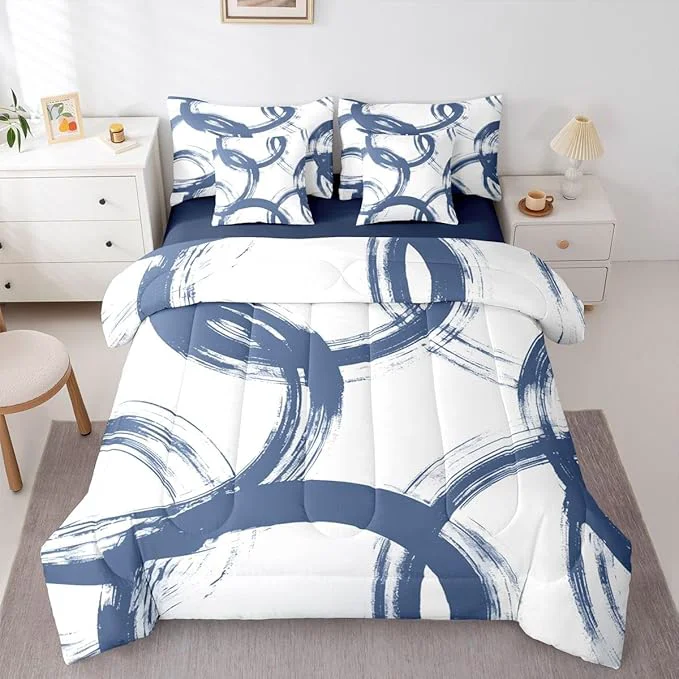 Original Erosebridal Blue and White 7 Piece Comforter Set King Abstract Line Ink Painting Bedding Set for Kids Boys Girls Simple Minimalist Graffiti Art Modern Geometric Sheet Set Boho Cool Unique Mens Quilt Prestigious