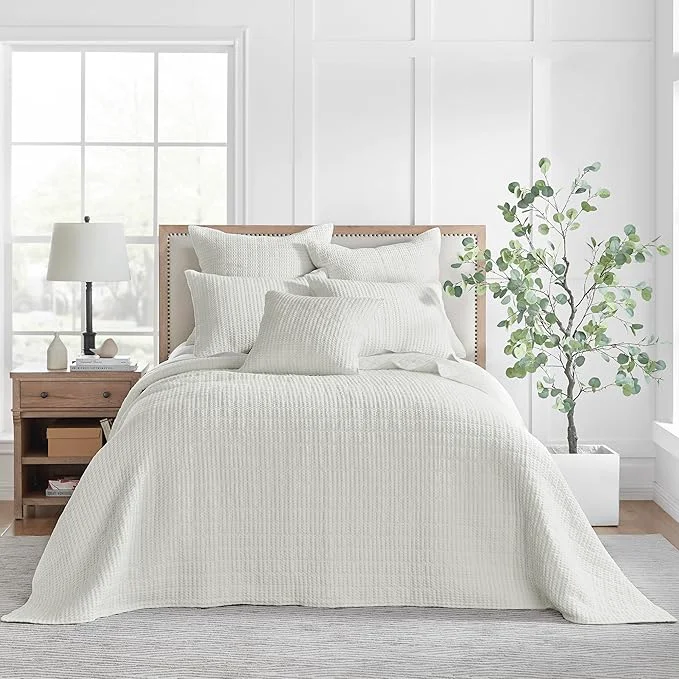 Next-Generation Levtex Home Mills Waffle King Bedspread Set 122x106in with 2 Pillow Shams 36x20in - Cream - Cotton Waffle King Size Bedspread Set - Soft Pre-Washed Prestigious