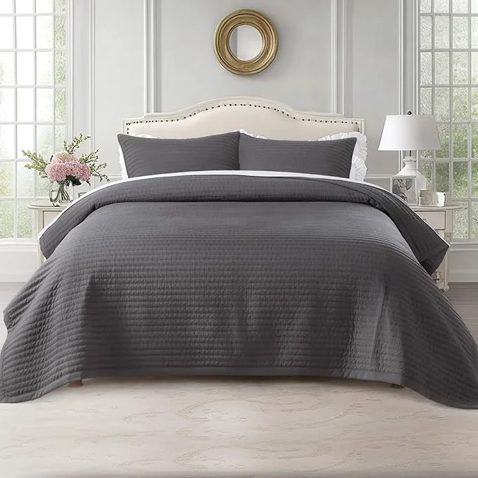 Exclusive KASENTEX Queen XL Quilt Set 98 quot x98 quot – Soft Washed 3-Layer Lightweight Bedspread Minimalist Nordic Design All-Season Spring amp Summer Quilt Set 1 Quilt 2 Pillow Shams Tornado Dark Grey Durable