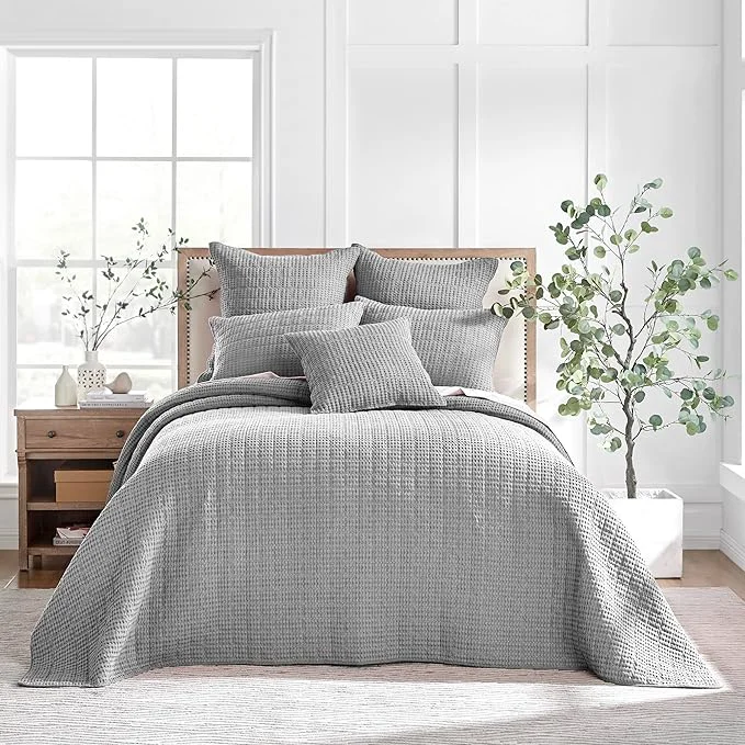 Fast Levtex Home Mills Waffle King Bedspread Set 122x106in with 2 Pillow Shams 36x20in - Grey - Cotton Waffle King Size Bedspread Set - Soft Pre-Washed Convenient