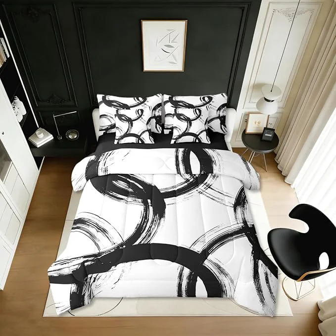 Premium Material Erosebridal Black and White 7 Pcs Comforter Set Twin Abstract Line Minimalist Ink Painting Bedding Set for Kids Boys Girls Simple Graffiti Art Modern Geometric Sheet Set Boho Cool Unique Mens Quilt Innovative