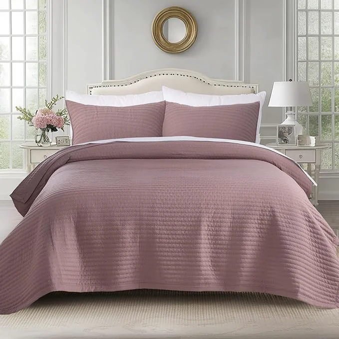 Detailed Oversized Queen Quilt Set 102 quot x106 quot – Soft Washed 3-Layer Lightweight Bedspread Minimalist Nordic Design All-Season Spring amp Summer Quilt Set 1 Quilt 2 Pillow Shams Twilight Mauve Purple Natural