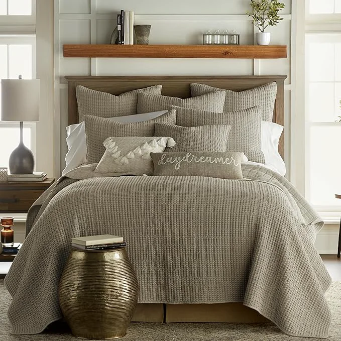 Secure Levtex Home Mills Waffle Full Queen Quilt Set 88x92in with 2 Pillow Shams 26x20in - Taupe - Cotton Waffle Full Queen Size Quilt Bedding Set - Lightweight Soft Pre-Washed Sustainable