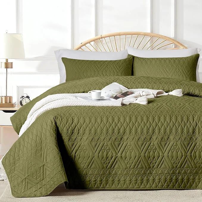 Advanced akkialla Twin Size Quilt Bedding Set Olive Green Lightweight Microfiber Soft Bedspreads Modern Style Geoetric Pattern Coverlet Set for All Seasons 2 Piece 1 Quilt 1Pillow Sham Eco-Friendly