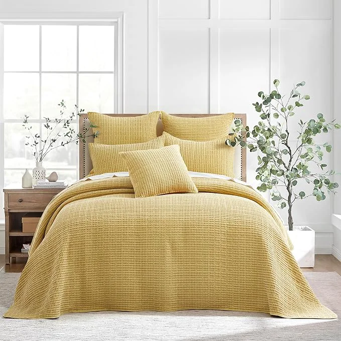 Responsible Levtex Home Mills Waffle King Bedspread Set 122x106in with 2 Pillow Shams 36x20in - Ochre - Cotton Waffle King Size Bedspread Set - Soft Pre-Washed Recyclable