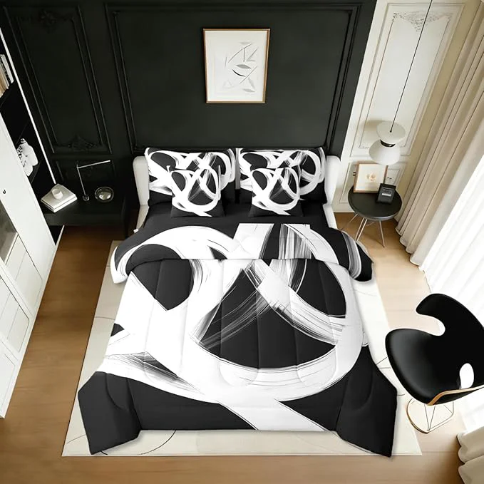 Carefully Designed Erosebridal Abstract Modern 7 Piece Comforter Set King Bed in A Bag Black White Lines Geometric Bedding Set Minimalist Contemporary Stripes Sheet Set Ink Painting Simple Aesthetic Neutral Quilt Specialty