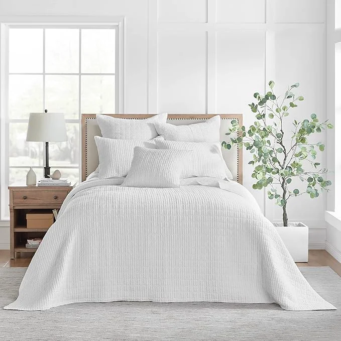 Prestigious Levtex Home Mills Waffle Full Bedspread Set 100x104in with 2 Pillow Shams 26x20in - Bright White - Cotton Full Size Bedspread Set - Lightweight Soft Pre-Washed Carefully Designed