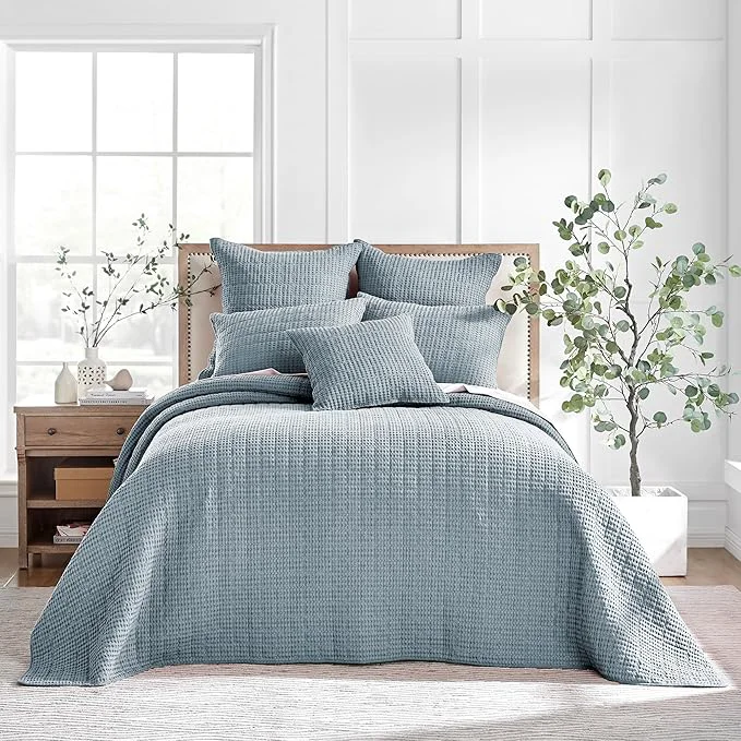 Functional Levtex Home Mills Waffle Queen Bedspread Set 106x106in with 2 Pillow Shams 26x20in - Chambray - Cotton Waffle Queen Size Bedspread Set - Lightweight Soft Pre-Washed Efficient