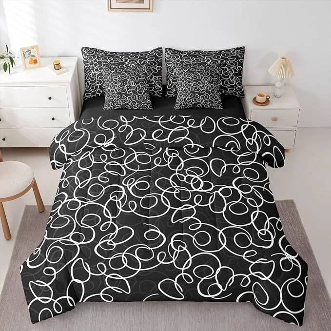Expertly Made Erosebridal Black White Geometric 7 Piece Comforter Set Full Abstract Line Modern Art Bedding Set for Kids Teens Boys Chic Swirls Bed in A Bag Texture Artwork Sheet Set Bedroom Decor Authentic