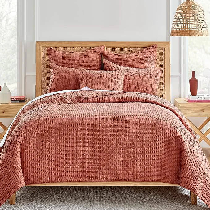 Fine Crafted Levtex Home Mills Waffle Twin XL Twin Quilt Set 68x86in with 1 Pillow Sham 26x20in - Adobe - Cotton Twin Size Quilt Bedding Set - Lightweight Soft Pre-Washed Certified