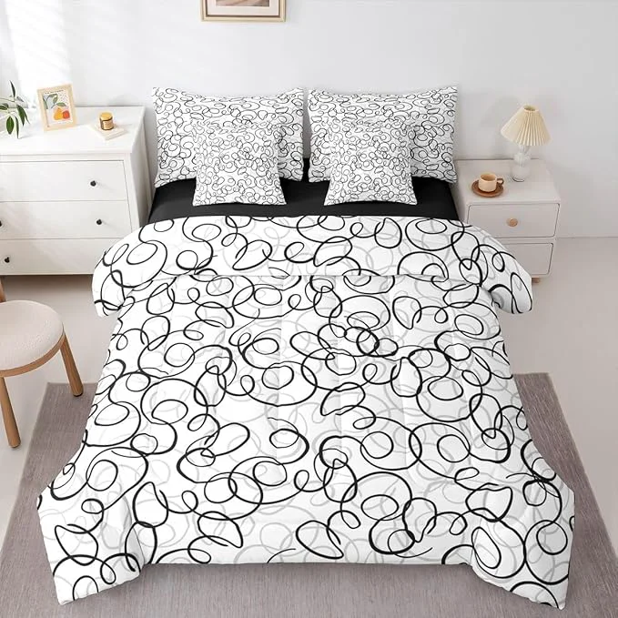Prestigious Erosebridal Geometric 7 Piece Comforter Set Queen Bed in A Bag Black Gray White Abstract Swirls Bedding Set for Boys Girls Modern Abstract Texture Bedroom Decor Contemporary Lines Aesthetic Sheet Set Certified