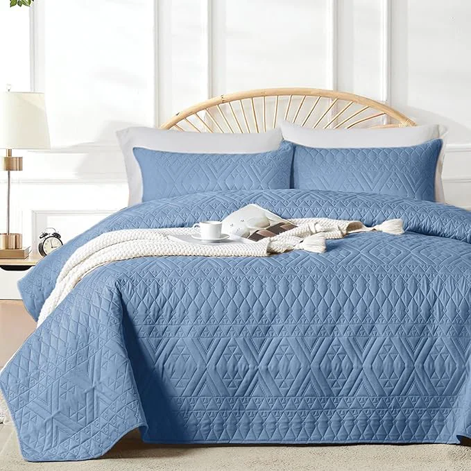 Secure akkialla Full Queen Quilt Set Boho Style in a Solid Color Bluish Grey Lightweight Microfiber Bedspread Soft and Breathable Coverlet for All Seasons 3-Piece Bedding Set 1 Quilt 2 Pillow Shams Efficient