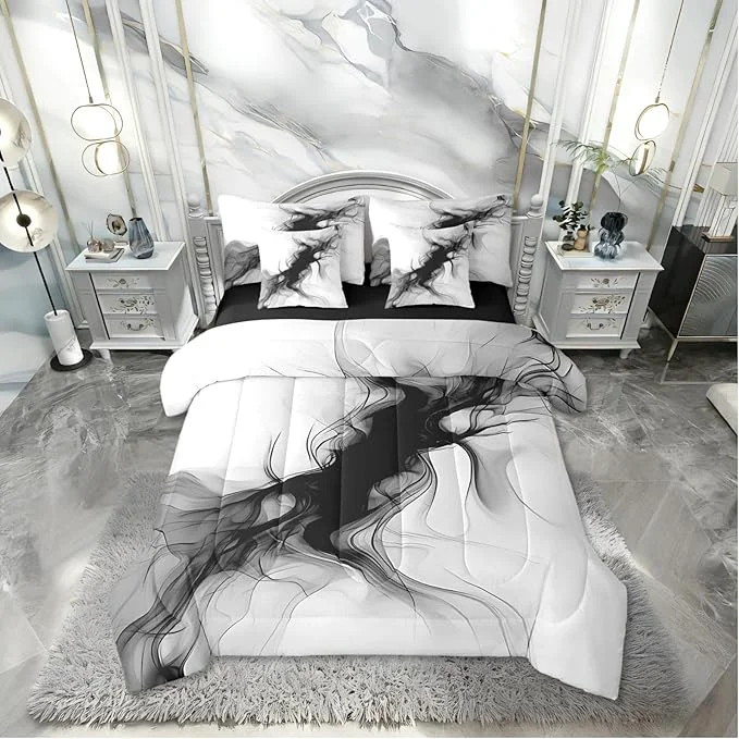 Erosebridal Black and White 7 Piece Comforter Set Queen Abstract Bedroom Decor for Men Teens Modern Ombre Grey Marble Bedding Set Elegant Ink Texture Neutral Sheet Set Marbling Minimalist Art Quilt Organic