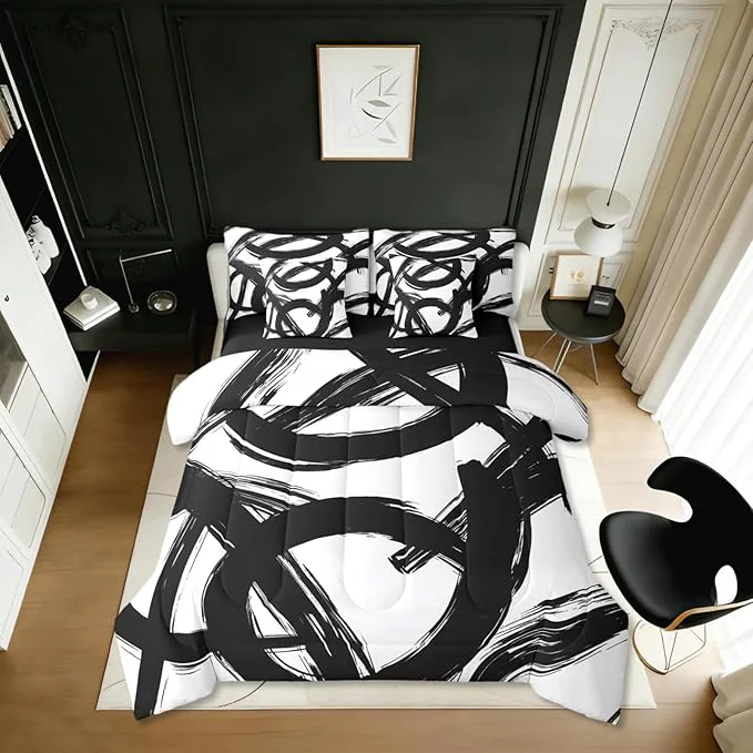 Fashionable Erosebridal Black White Abstract 7 Piece Comforter Set Queen Bed in A Bag Modern Graffiti Minimalist Line Bedding Set Simple Sketch Cool Unique Geometric Sheet Set Ink Painting Aesthetic Quilt Smart