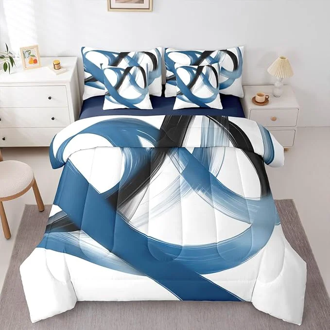 Traditional Erosebridal Abstract Navy Blue 7 Piece Comforter Set King Bed in A Bag Geometric Minimalist Lines Bedding Set Modern Ink Painting Stripes Quilt Simple Aesthetic Fashion Neutral Sheet Set for Men Advanced