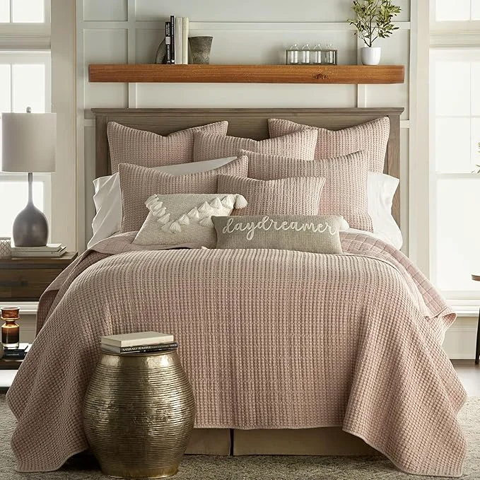 Reliable Levtex Home Mills Waffle Full Queen Quilt Set 88x92in with 2 Pillow Shams 26x20in - Blush - Cotton Waffle Full Queen Size Quilt Bedding Set - Lightweight Soft Pre-Washed Safe