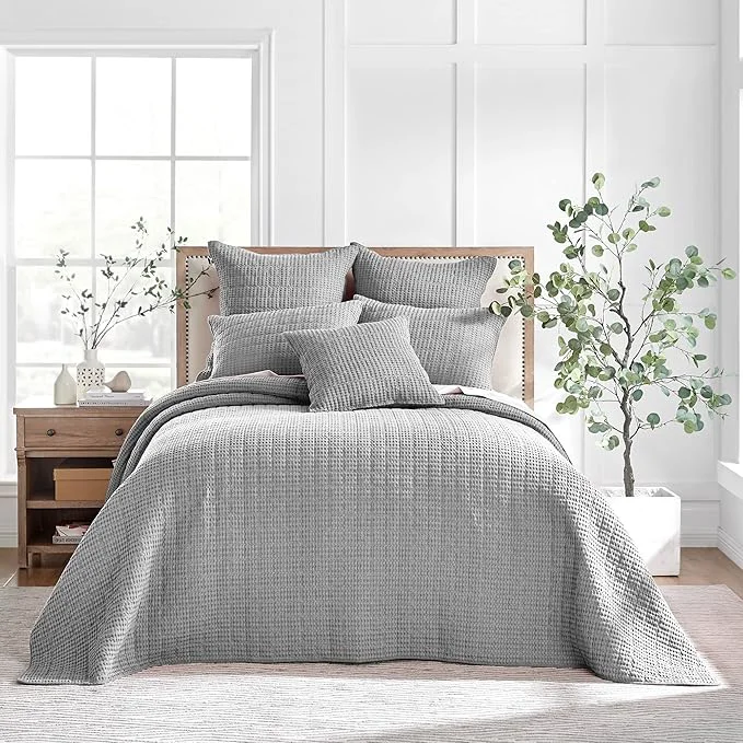 Pure Levtex Home Mills Waffle Full Bedspread Set 100x104in with 2 Pillow Shams 26x20in - Grey - Cotton Waffle Full Size Bedspread Set - Lightweight Soft Pre-Washed Premium Material