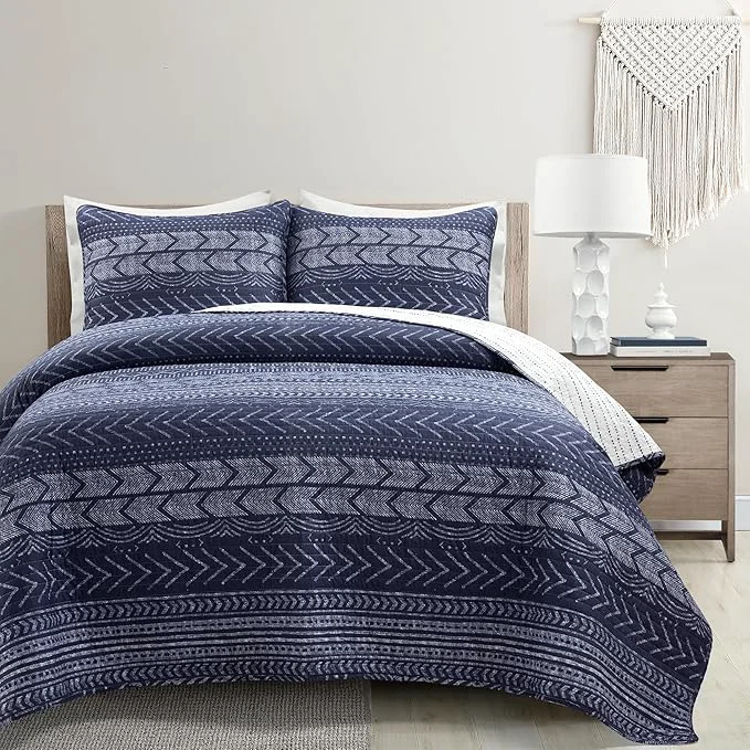 Natural Lush Decor Hygge Geo Pattern Striped 3 Piece Quilt Bedding Set Full Queen Navy Elite