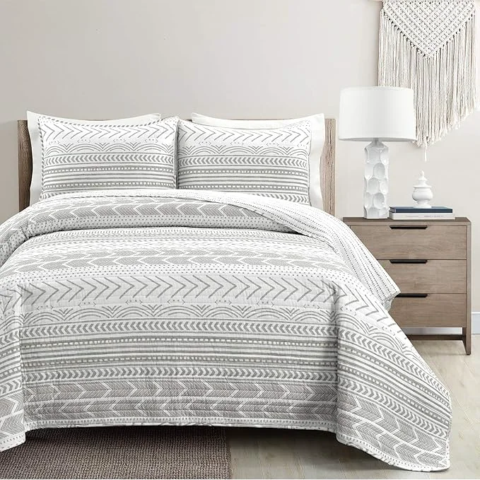 Stylish Lush Decor Hygge Geo Pattern Striped 3 Piece Quilt Bedding Set Full Queen Gray amp White Next-Generation