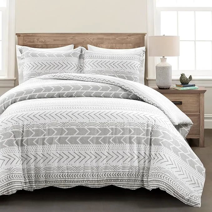 Dependable Lush Decor Hygge Geo Reversible 3 Piece Cotton Duvet Set Full Queen Gray amp White Clean