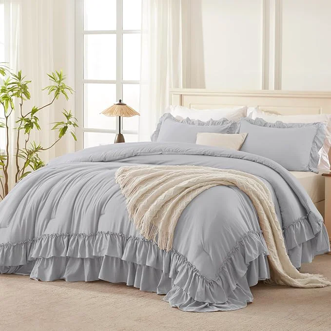 Effective Andency Light Gray Twin Size Comforter Set 66x90Inch 2 Pieces 1 Ruffle Comforter and 1 Pillowcase Lightweight Fluffy Bedding Comforter Sets for Kids All Season Soft Polyester Bedding Set Secure