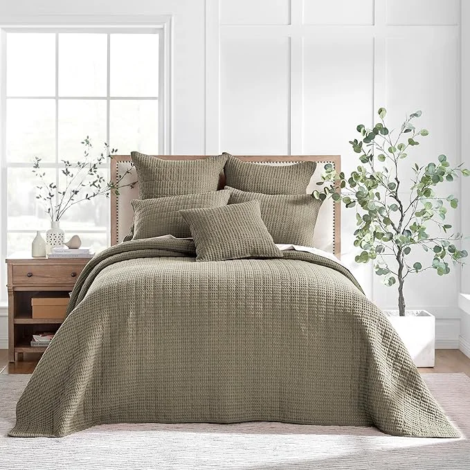 Advanced Levtex Home Mills Waffle Queen Bedspread Set 106x106in with 2 Pillow Shams 26x20in - Taupe - Cotton Waffle Queen Size Bedspread Set - Lightweight Soft Pre-Washed Environmentally Friendly