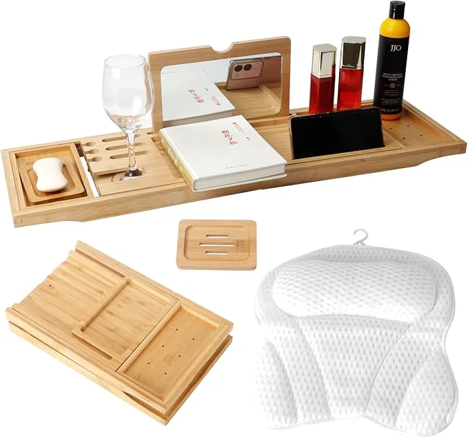 Pure Bathtub Tray Table with Mirror and Bath Pillow Expandable and Foldable Bamboo Classic