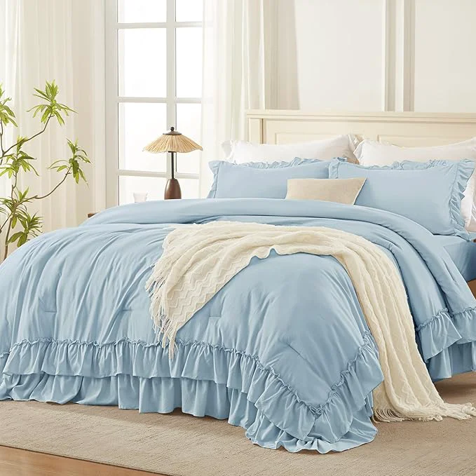 Verified Andency Light Blue Queen Comforter Set 90x90Inch 3 Pieces Lightweight Fluffy Ruffle Bedding Comforter Sets for Queen Bed Farmhouse Shabby Chic Soft All Season Bed Set Responsible