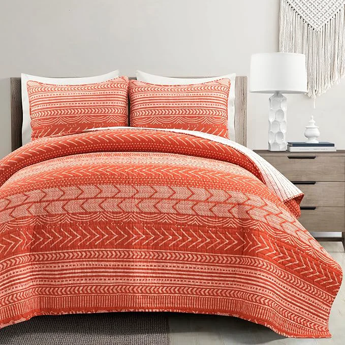 Easy-to-Use Lush Decor Hygge Geo Pattern Striped 3 Piece Quilt Bedding Set Full Queen Burnt Orange Powerful