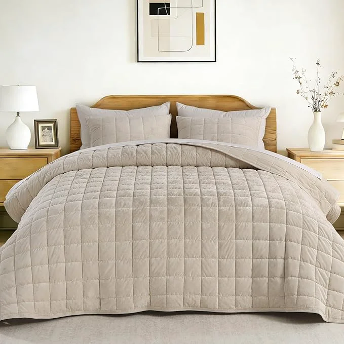 Smooth KASENTEX Greek Velvet King Quilt Set Ultra-Soft Luxe Sheen Cotton Backing 150GSM Down- Fill Expanded 108×98 quot Coverage for Fuller Side Drape 1 Quilt 2 Pillow Shams Sandshell Optimized
