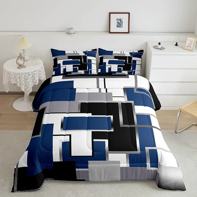 Innovative Erosebridal Blue Grey White Comforter Set for Kids Boys Girls Geometric Bedding Set Full Size Watercolor Square Quilt Set Modern Style Pattern Duvet Insert with 2 Pillowcases Home Room Decor Fashionable
