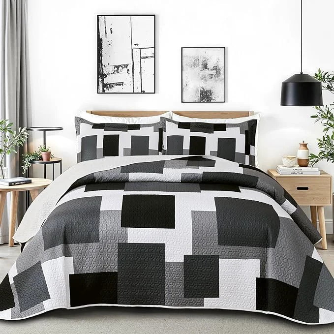 Innovative 2 Piece Black Grey Quilt Set Twin Size Black White Gray Geometric Reversible Bedding Set Microfiber Lightweight Bedspread Coverlet with 1 Sham Modern Bed Covers for All Season 68 39 39 x86 39 39 Fine