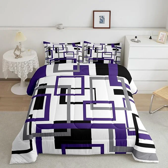 Convenient Erosebridal Geometric Comforter Set for Kids Boys Girls Vintage Black White Grey Purple Bedding Set Full Size Modern Farmhouse Quilt Bedroom Decor Striped Pattern Duvet Insert with 2 Pillow Shams Verified