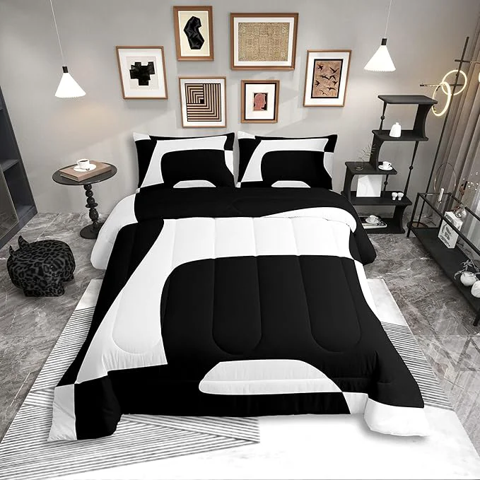 Detailed Erosebridal Black and White Abstract King Bedding Set Boho Geometric Striped Comforter Set for Adult Women Men Minimalist Modern Art Bed Collections Simple Aesthetic Modern Duvet Quilt Sets Sophisticated