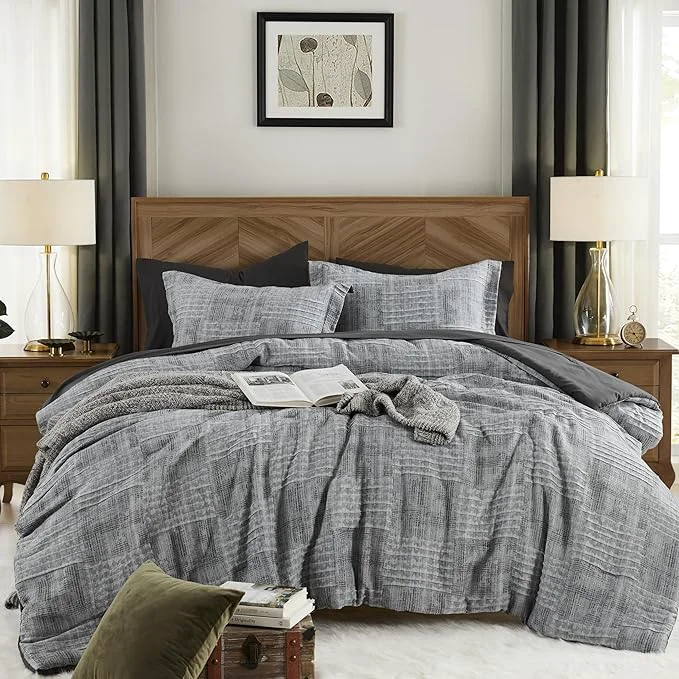 Comfortable MaiRêve Charcoal Grey Oversized Queen Comforter Set Textured Design Crinkle Bed in A Bag 7 Pieces Bedding Set with Comforter Sheets Pillowcases amp Shams 98 quot x 98 quot Soft