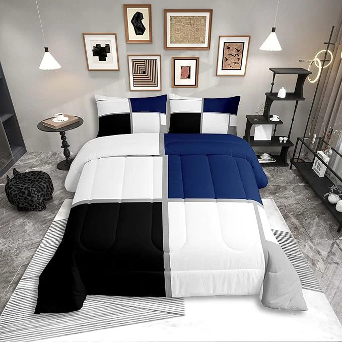 Superior Erosebridal Geometric Comforter Set Queen Size for Adults Teens Black and White Abstract Bedding Navy Blue Striped Grid Quilt for Minimalist Modern Art Patchwork Bedding Comforter Sets Fine Crafted
