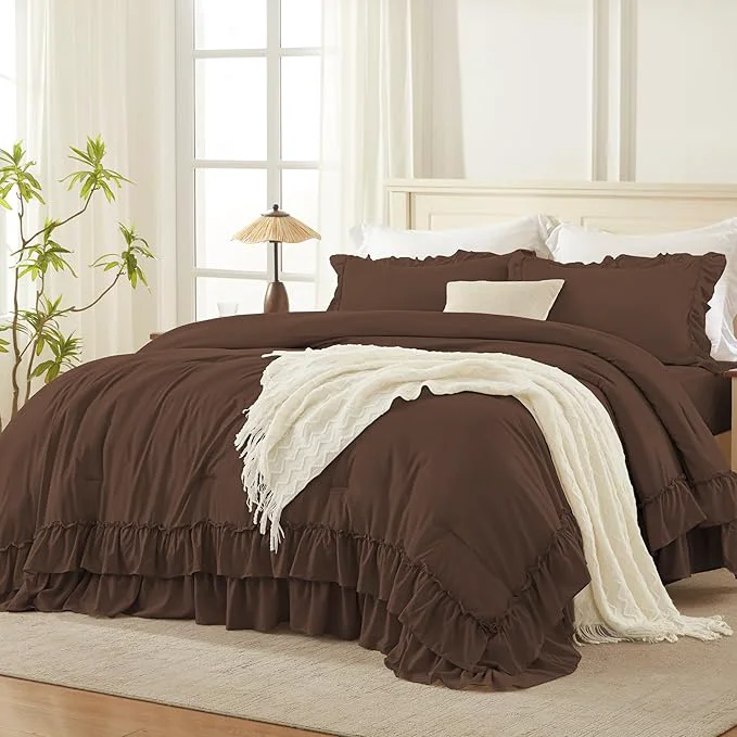 Healthy Andency Brown Oversized Queen Comforter Set 98x98Inch 3 Pieces Lightweight Fluffy Ruffle Bedding Comforter Sets for Queen Bed Farmhouse Shabby Chic Soft All Season Bed Set Casual