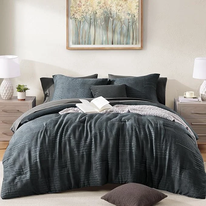 Sustainable MaiRêve Full Size Comforter Sets Blue Grey Textured Design Crinkle Bedding Sets 7 Pieces All Season Bed in A Bag with Comforter Sheets Pillowcases amp Shams Versatile