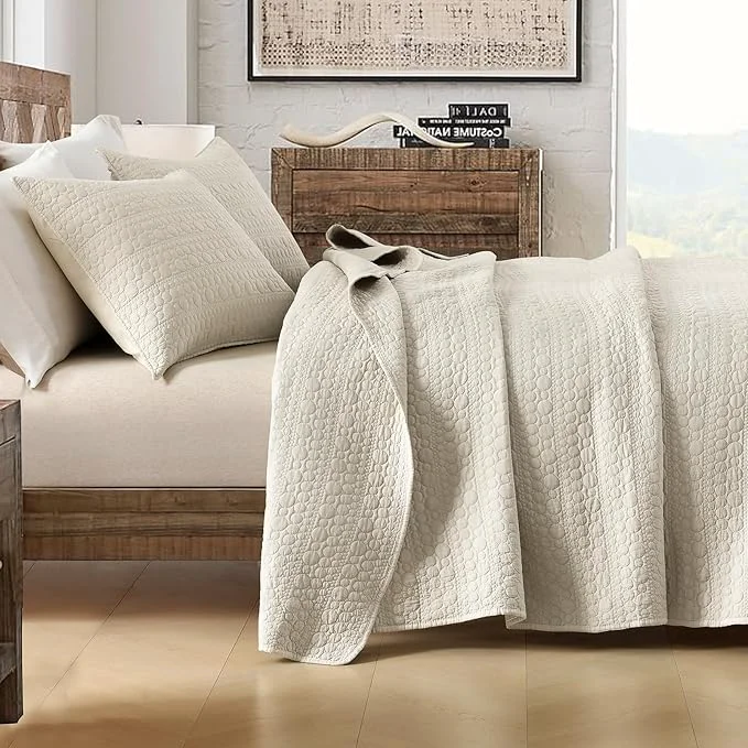 Expertly Made HORIMOTE HOME Quilt Set King Size Light Beige Soft Lightweight Pre-Washed Microfiber Circle Stitches King Quilt Bedding Set All Season Spring Summer Bedspread Coverlet 2 Pillow Shams 106x96 Inches Smooth