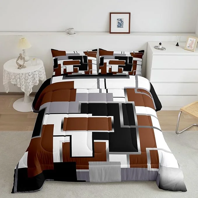Smooth Erosebridal Square Comforter Sets for Teens Youth Brown White Grey Bedding Set 3D Geometric Quilt Set Grunge Farmhouse Grid Duvet Insert with 2 Pillowcases Lightweght Warm Full Refined