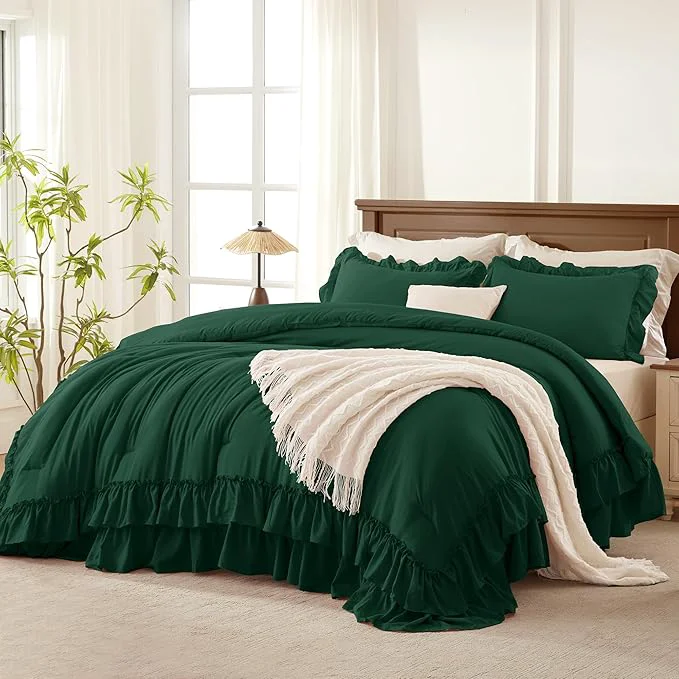 Breathable Andency Dark Green California King Comforter Set 3 Pieces Lightweight Fluffy Farmhouse Shabby Chic Bedding Comforter Sets Soft Polyester All Season Cal King Bed Sets 104x96Inch Convenient