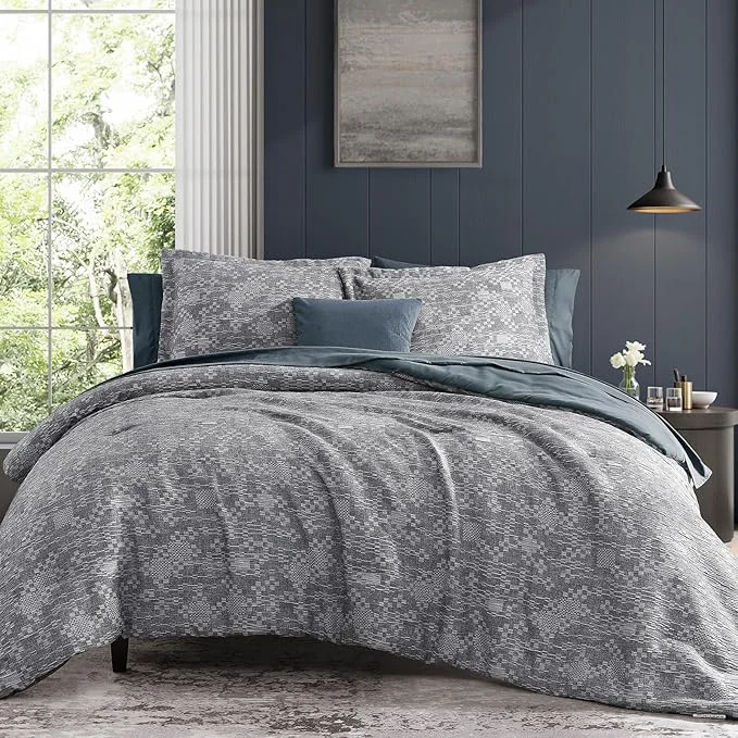 Fine MaiRêve Full Size Comforter Set Navy Blue Crinkle Textured Design Bedding Set 7 Pieces Bed in A Bag All Season Farmhouse Comforter Set with Sheets Pillowcases amp Shams Secure
